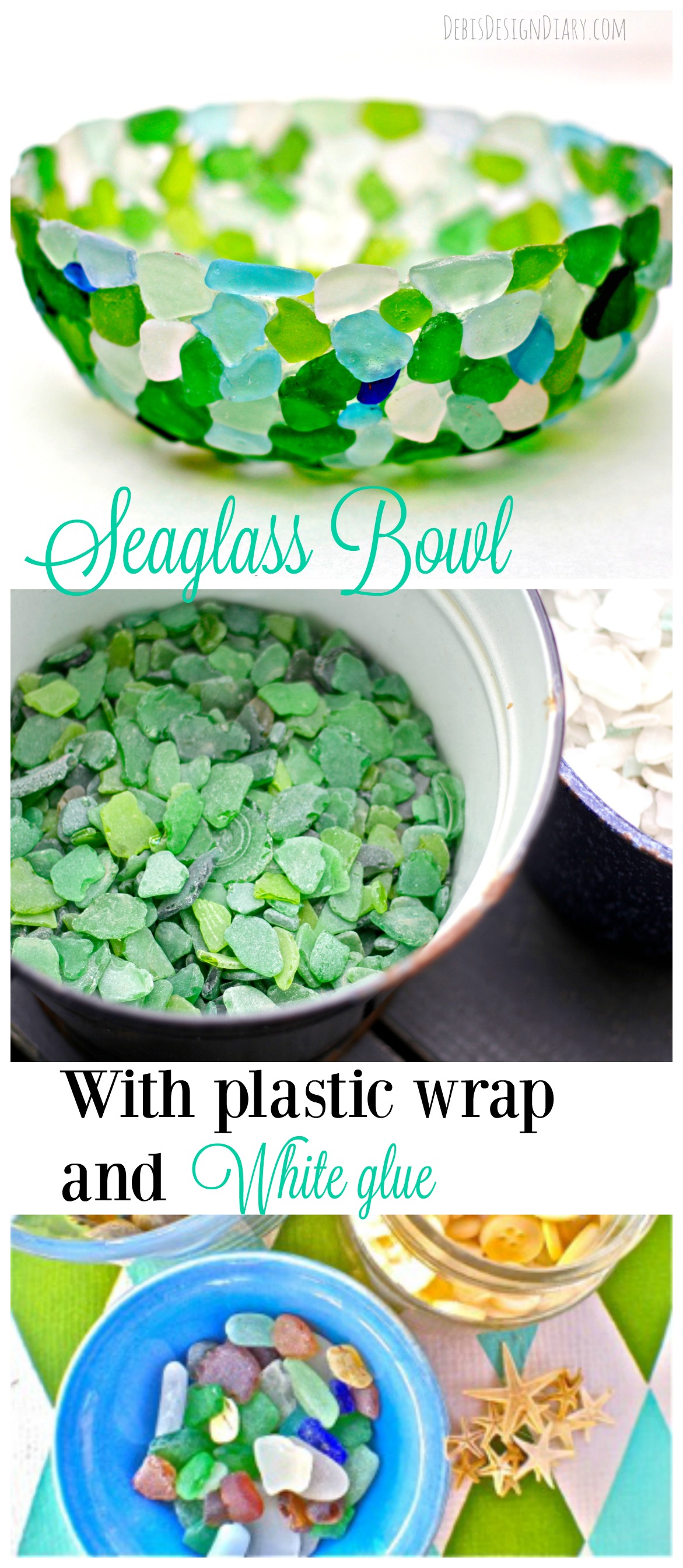 how to make a sea glass bowl with plastic wrap and white glue